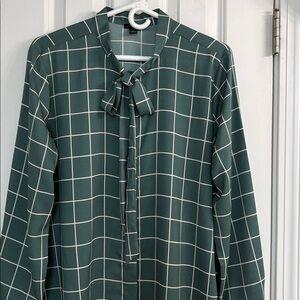 Ann Taylor Green and White Checkered Blouse with Bow Tie